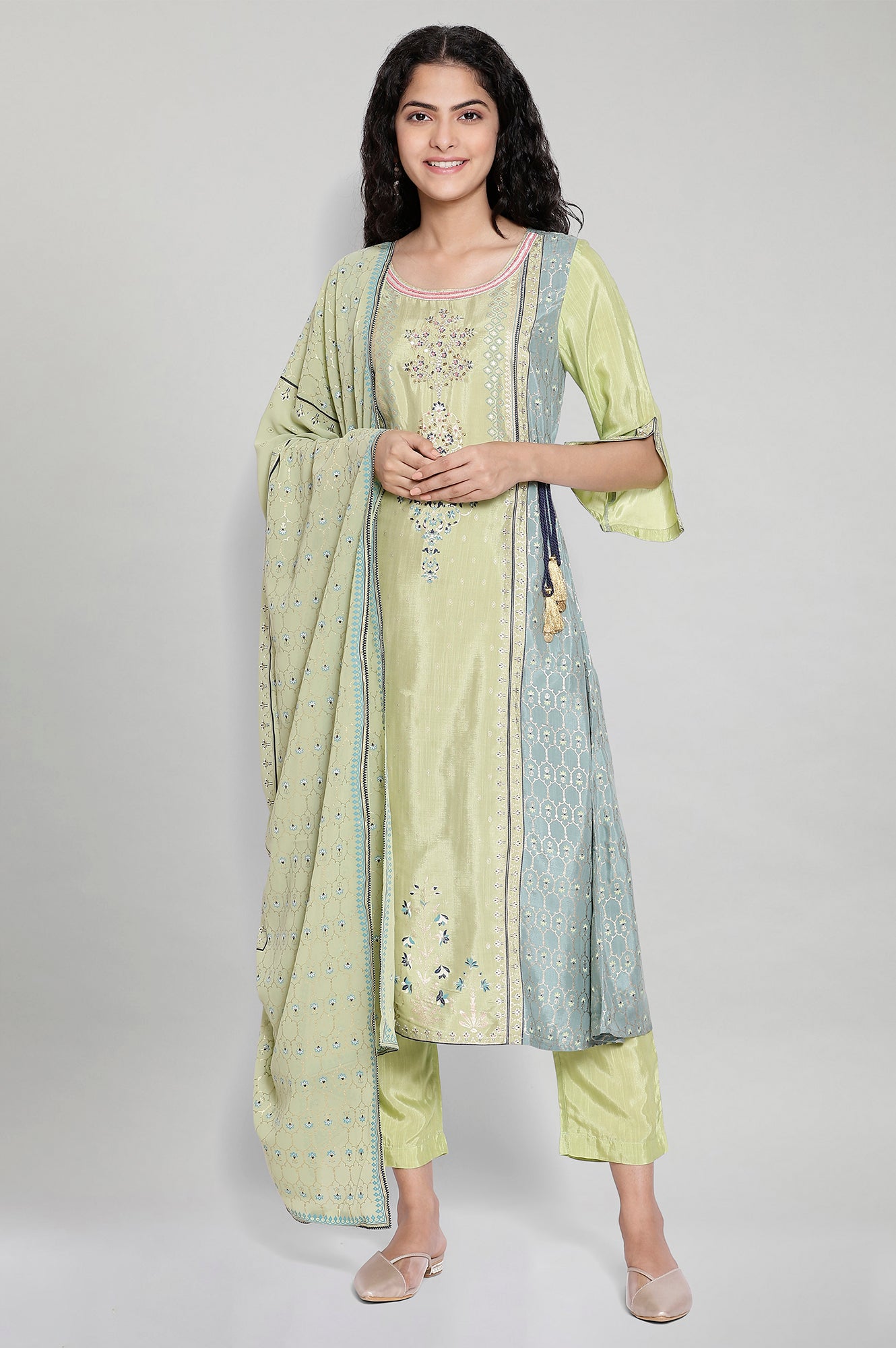 Green Printed kurta-Trouser- Dupatta Set