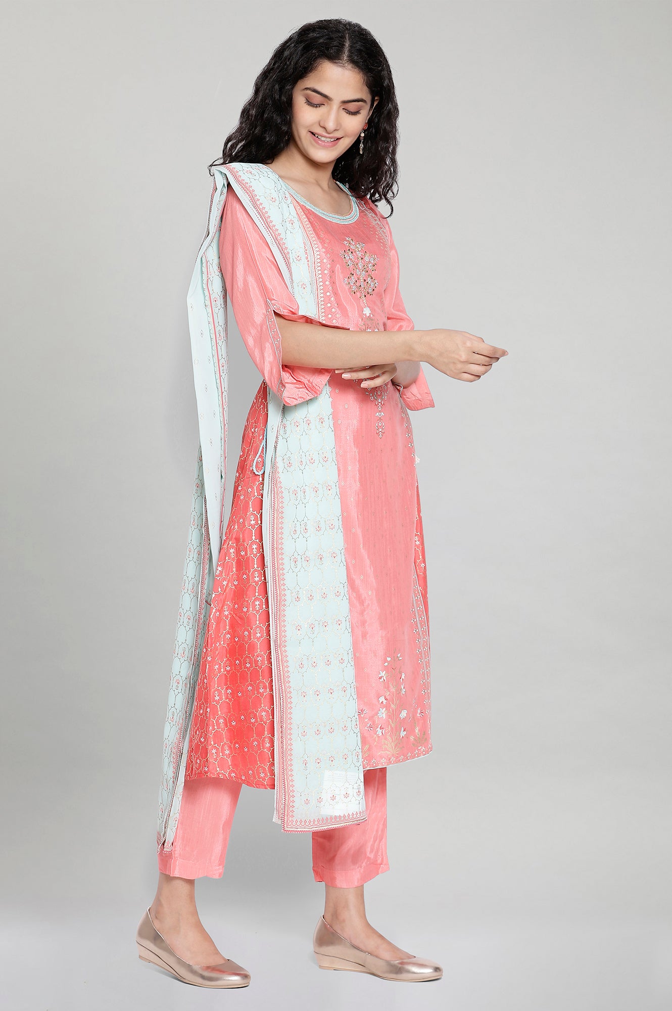 Pink Printed kurta-Trousers- Dupatta Set