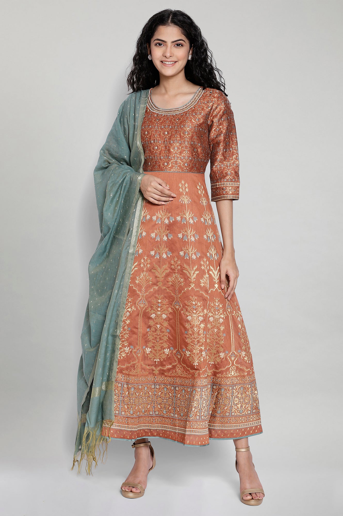 Brown Printed Ethnic Dress-Dupatta Set