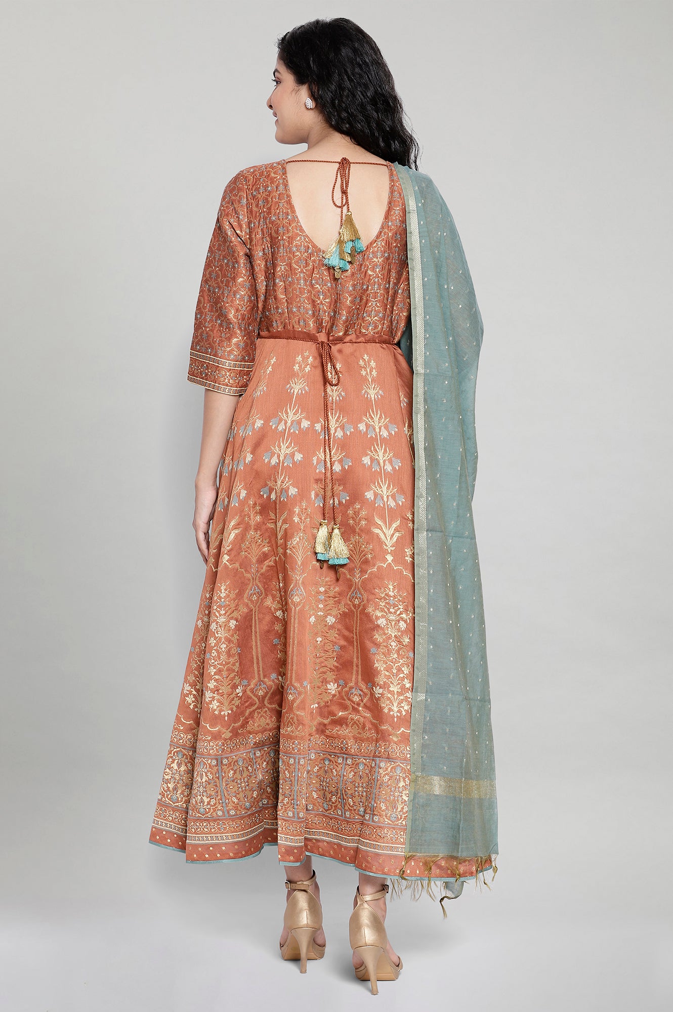 Brown Printed Ethnic Dress-Dupatta Set