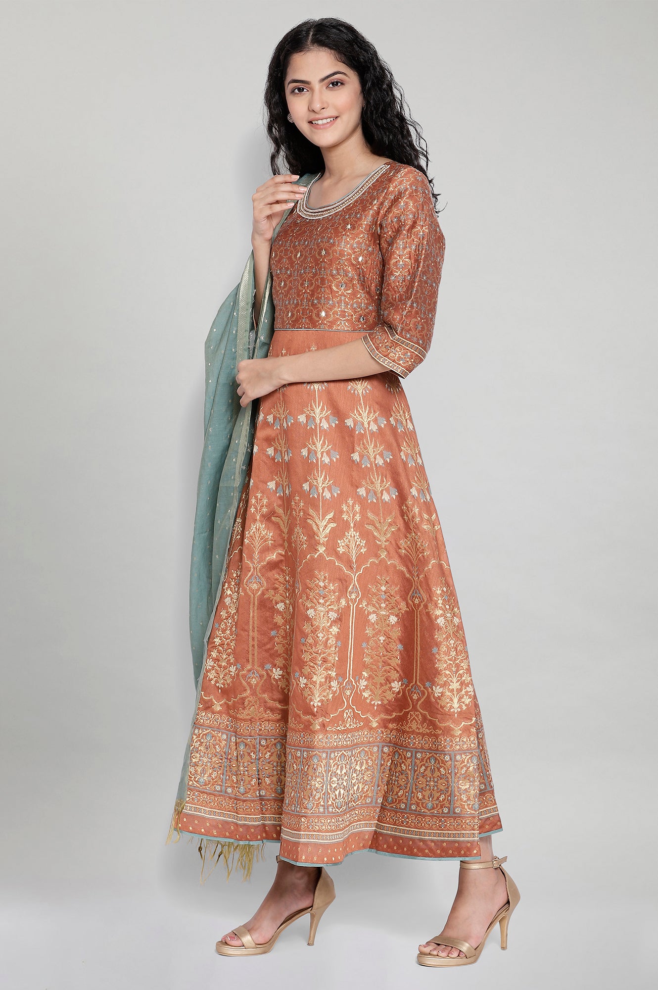 Brown Printed Ethnic Dress-Dupatta Set