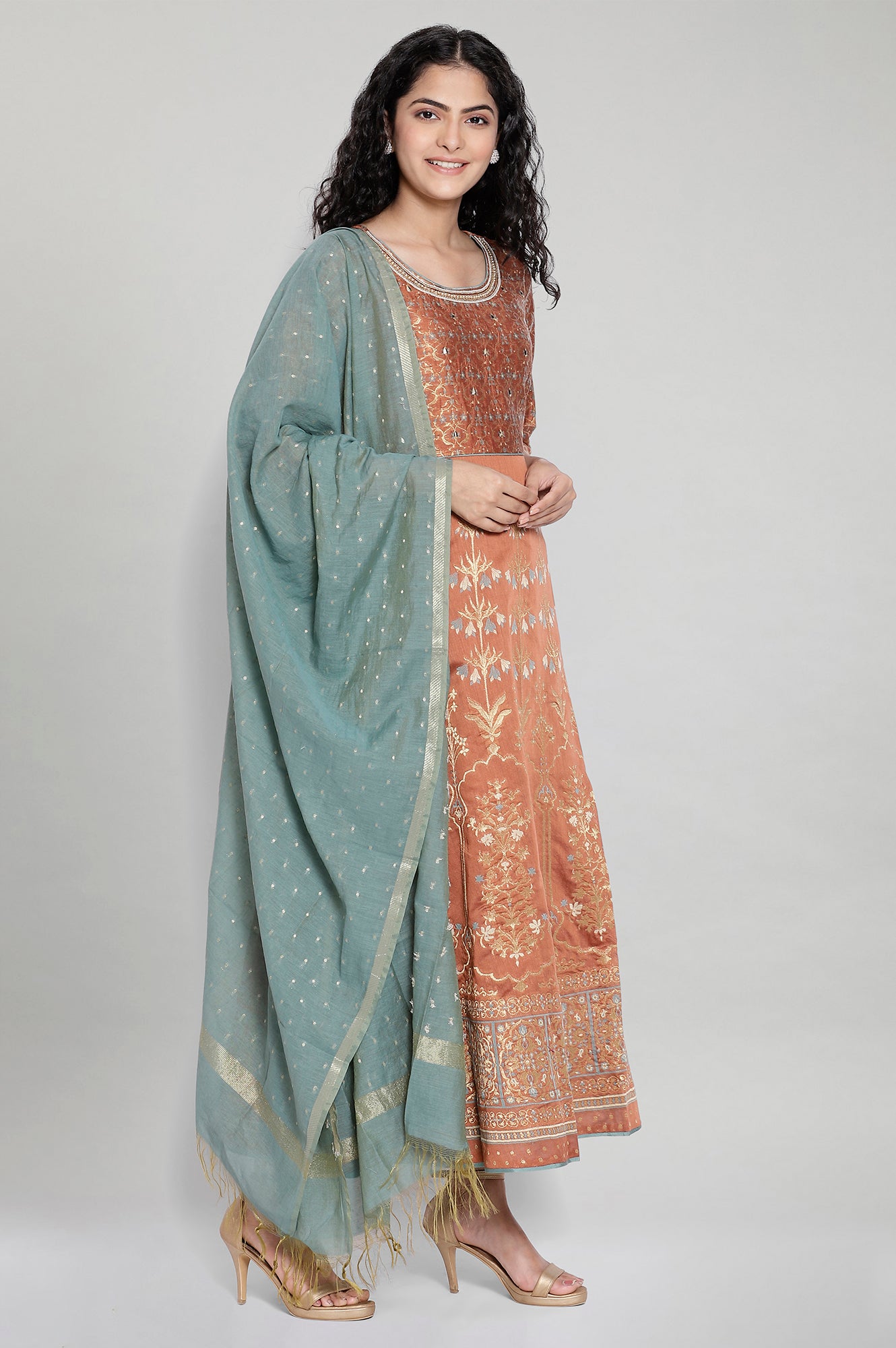 Brown Printed Ethnic Dress-Dupatta Set