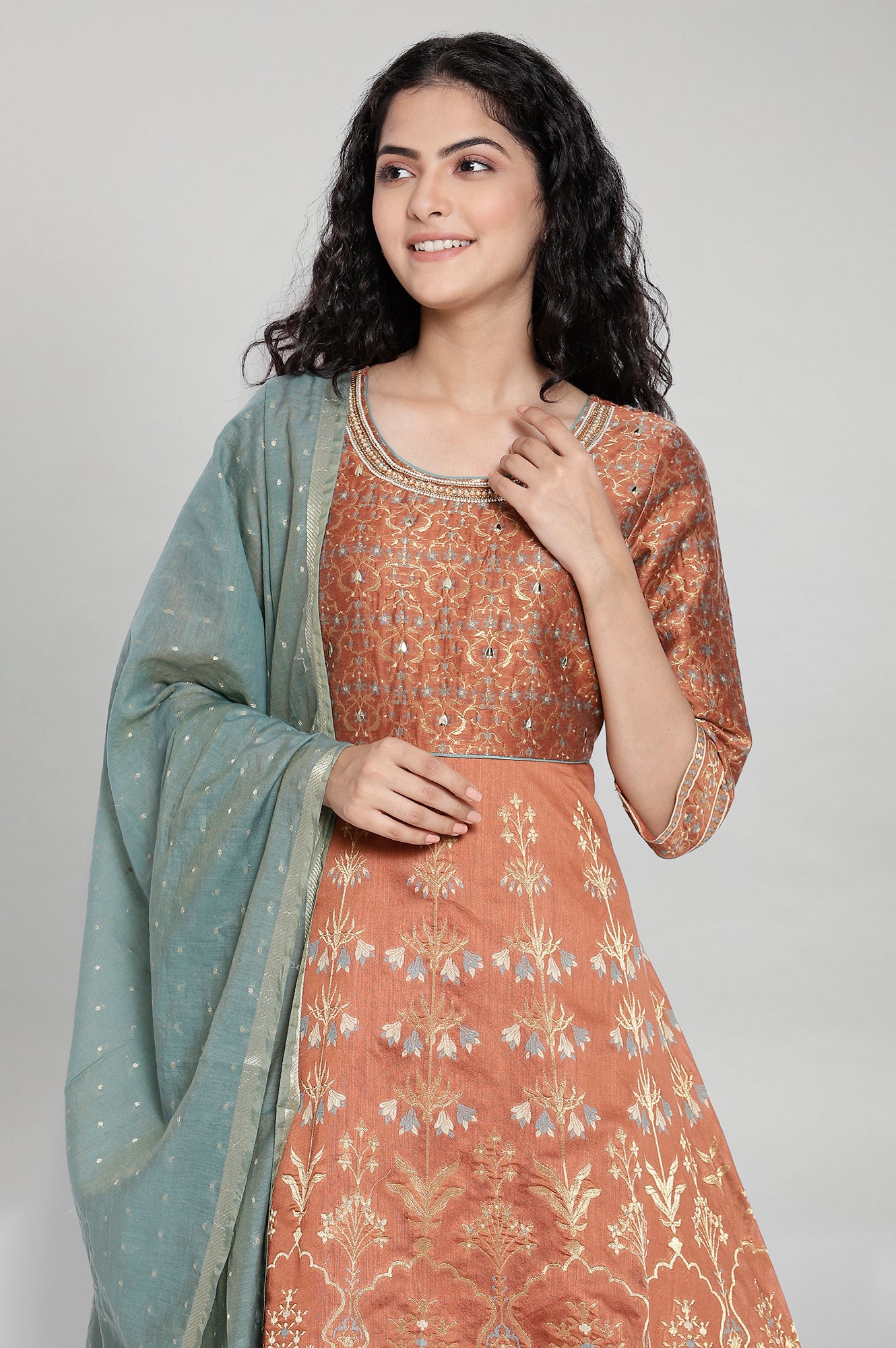 Brown Printed Ethnic Dress-Dupatta Set