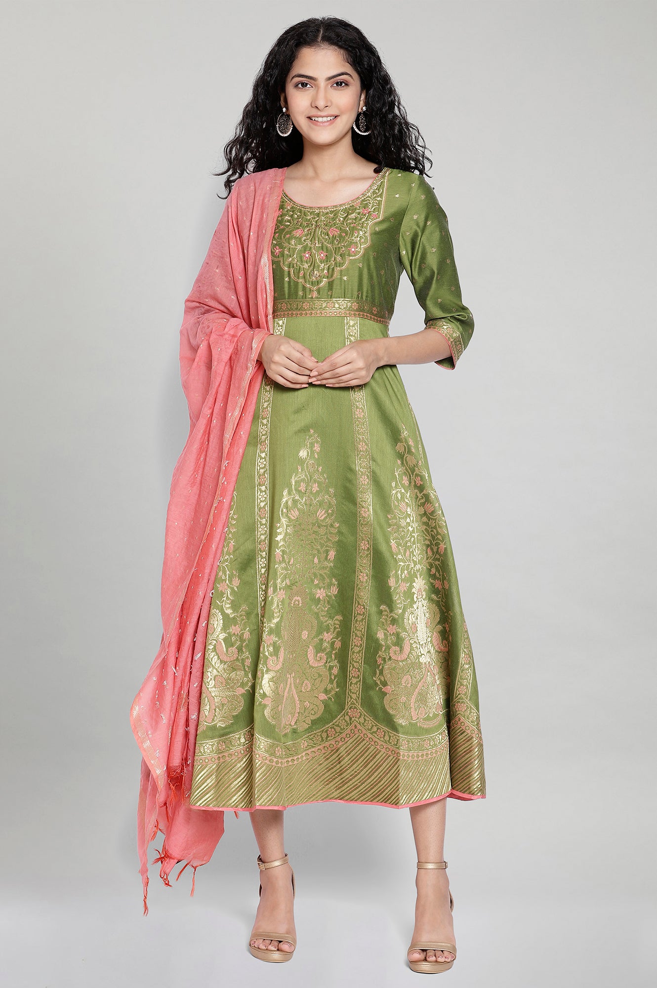 Green Printed Ethnic Dress- Dupatta Set