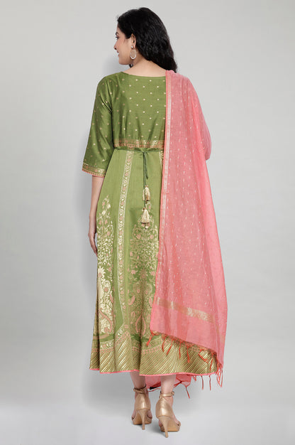 Green Printed Ethnic Dress- Dupatta Set