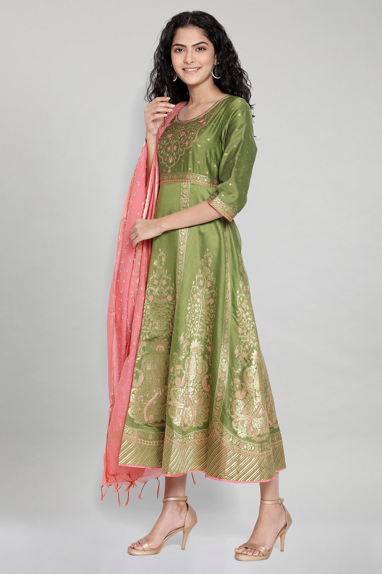 Green Printed Ethnic Dress- Dupatta Set