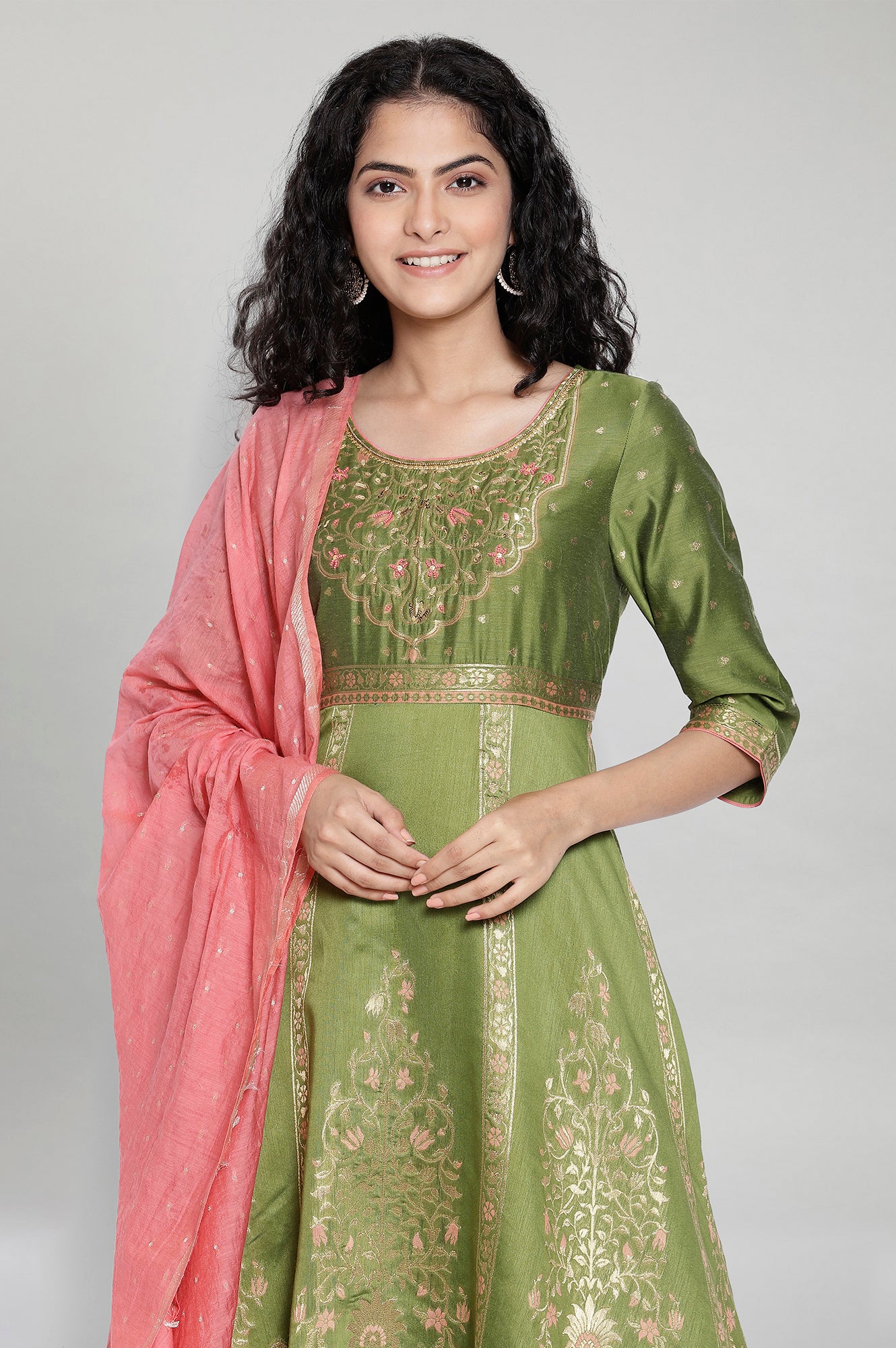 Green Printed Ethnic Dress- Dupatta Set