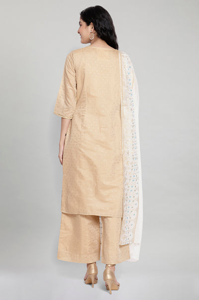 Beige Printed kurta-Palazzo Dupatta Set