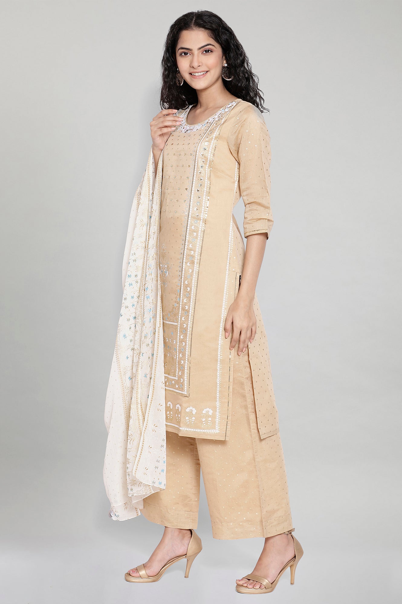 Beige Printed kurta-Palazzo Dupatta Set