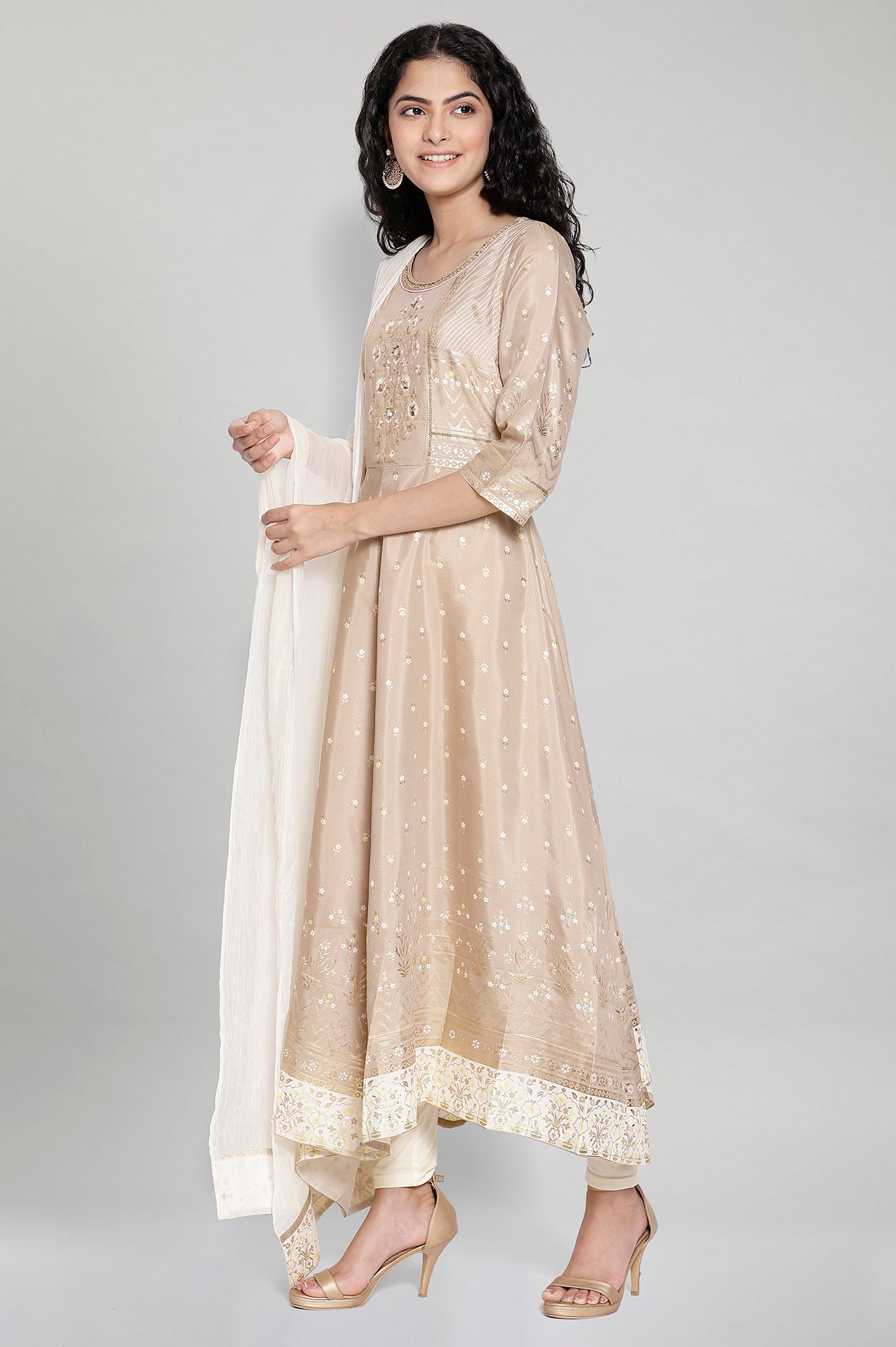 Beige Printed kurta-Tight- Dupatta Set