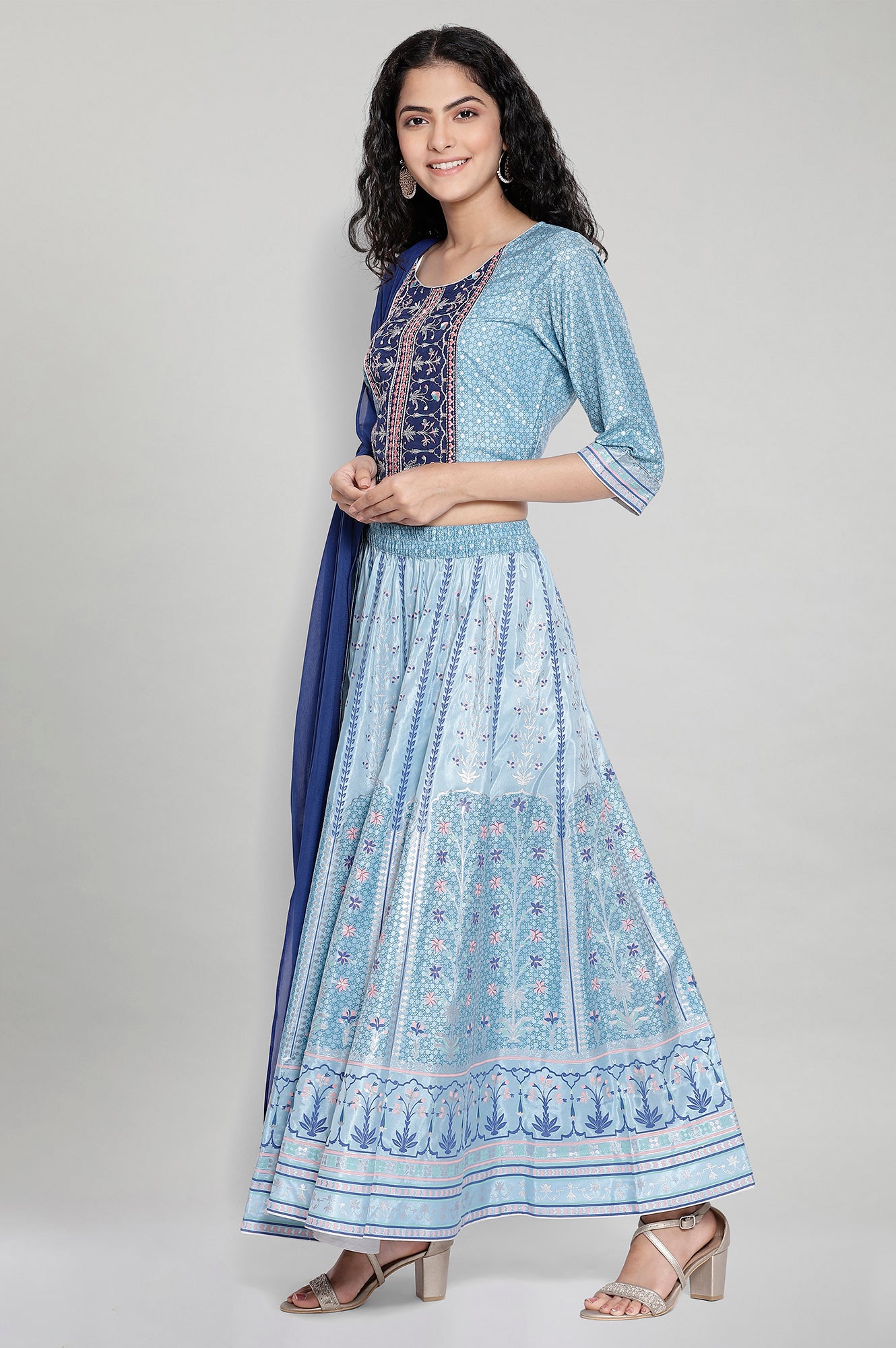 Blue Printed Crop Top Skirt Dupatta Set