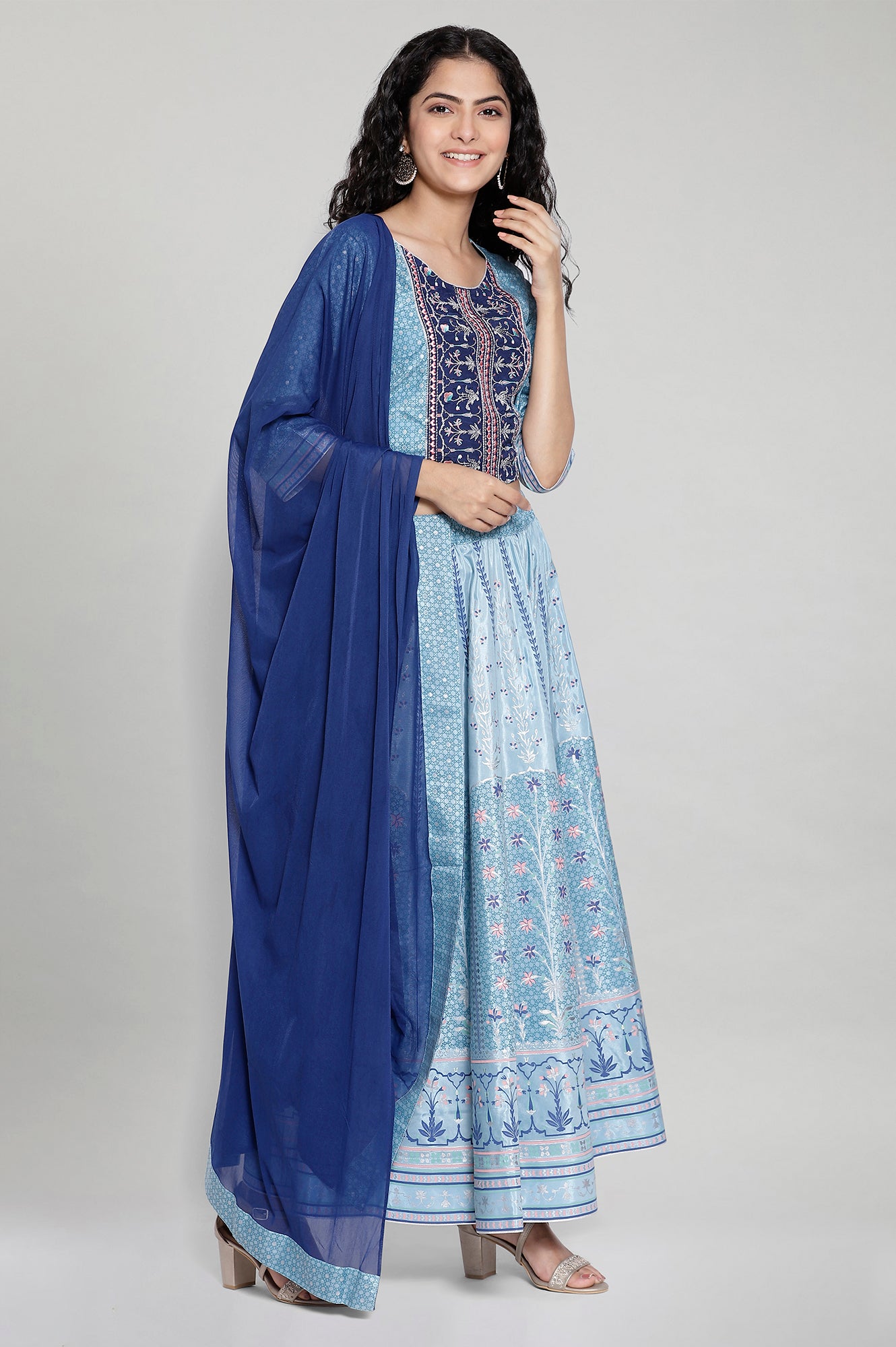 Blue Printed Crop Top Skirt Dupatta Set