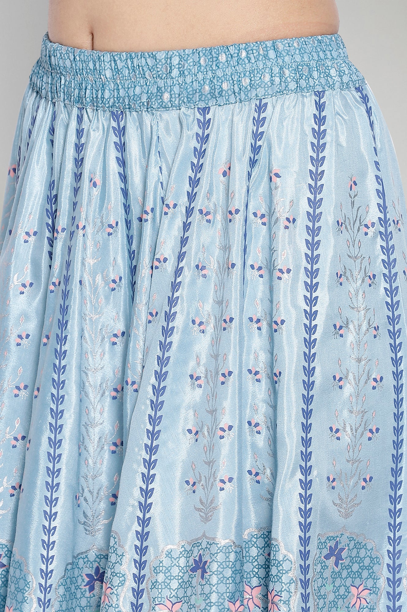 Blue Printed Crop Top Skirt Dupatta Set