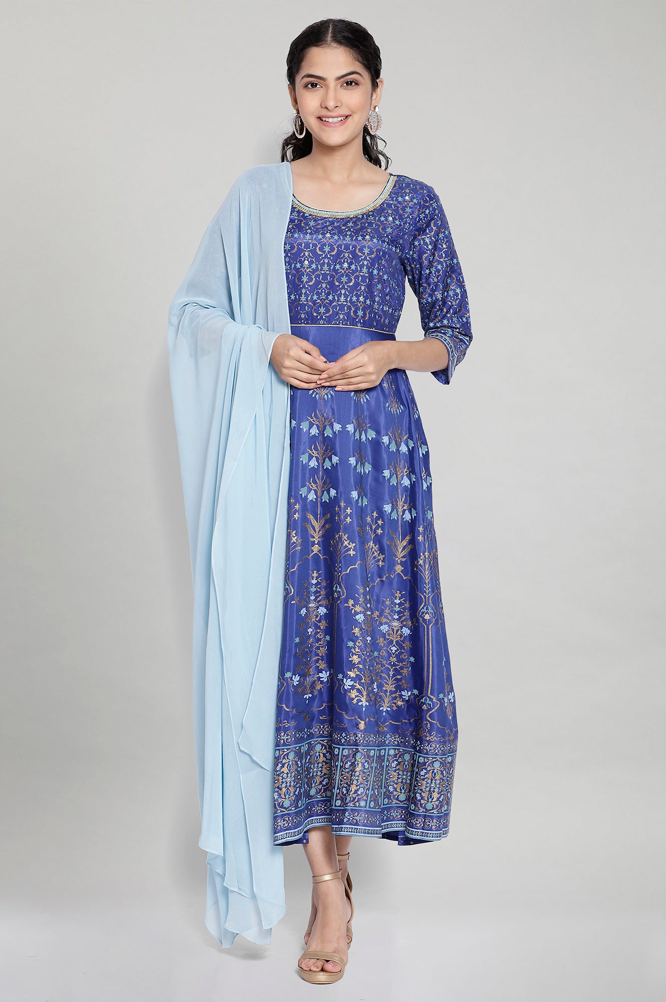 Blue Printed Ethnic Dress- Dupatta Set