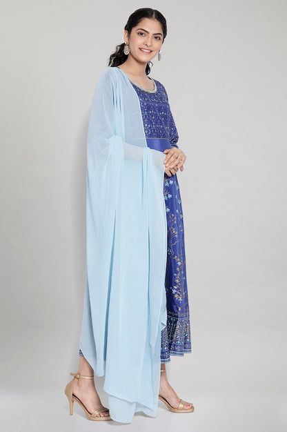 Blue Printed Ethnic Dress- Dupatta Set