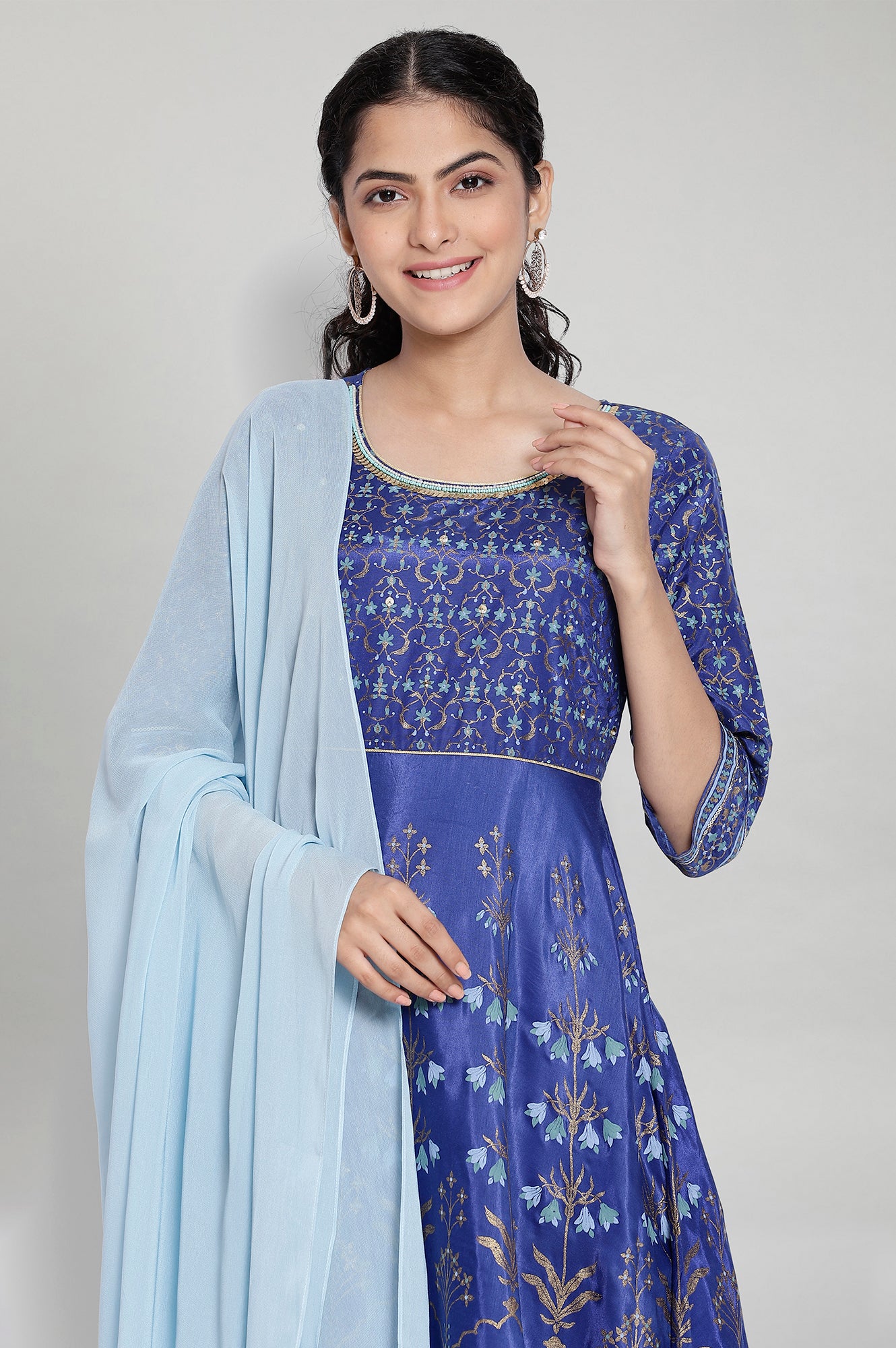 Blue Printed Ethnic Dress- Dupatta Set