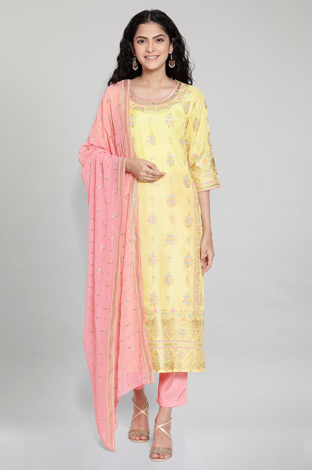 Yellow Printed kurta-Trousers- Dupatta Set