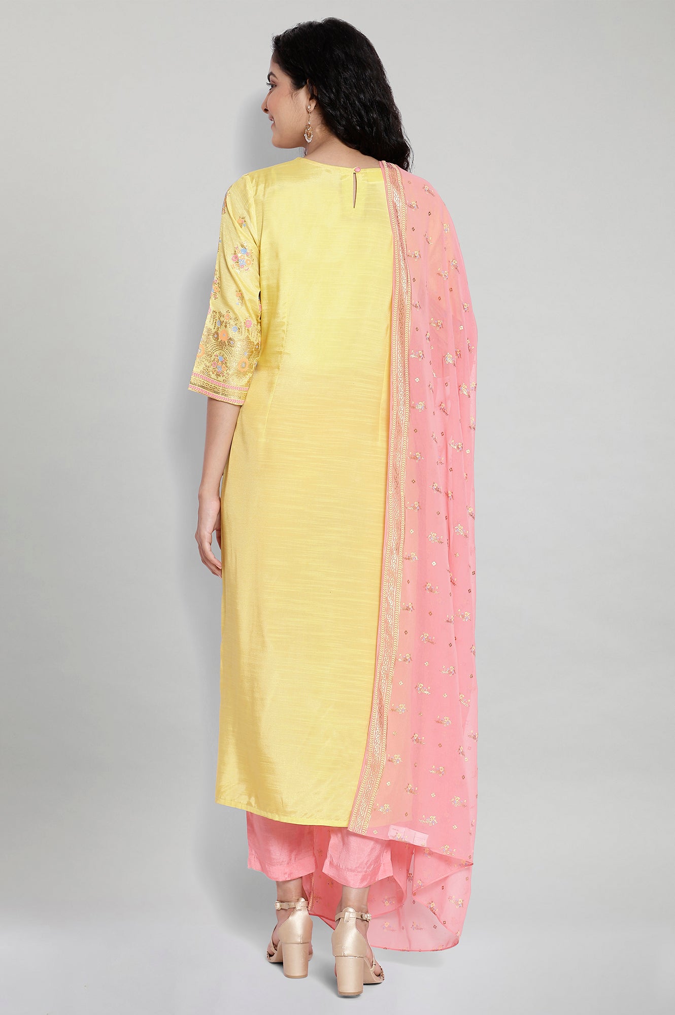 Yellow Printed kurta-Trousers- Dupatta Set