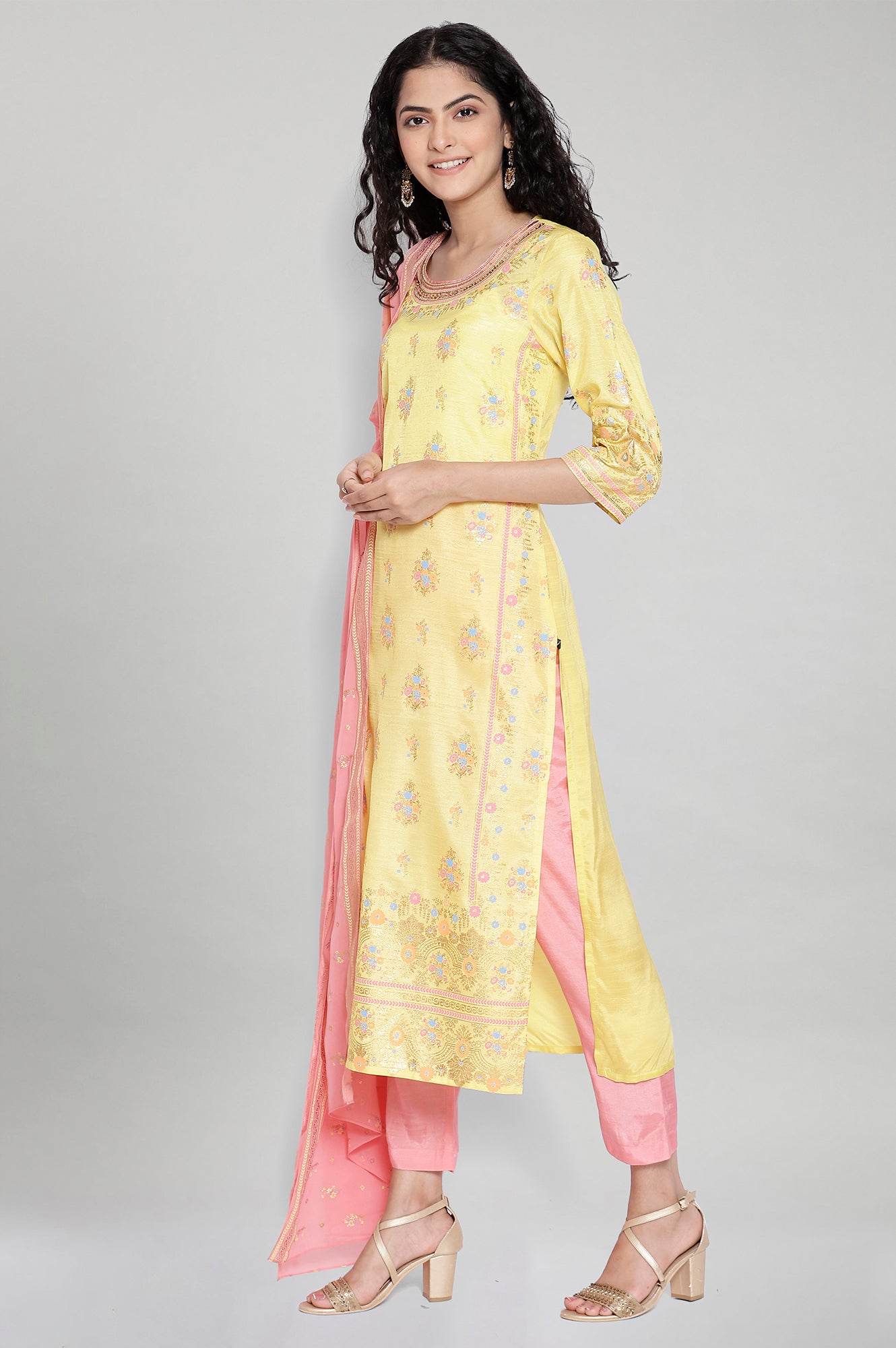 Yellow Printed kurta-Trousers- Dupatta Set