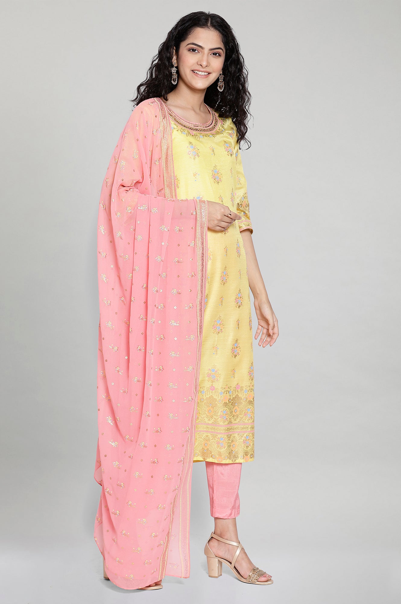 Yellow Printed kurta-Trousers- Dupatta Set