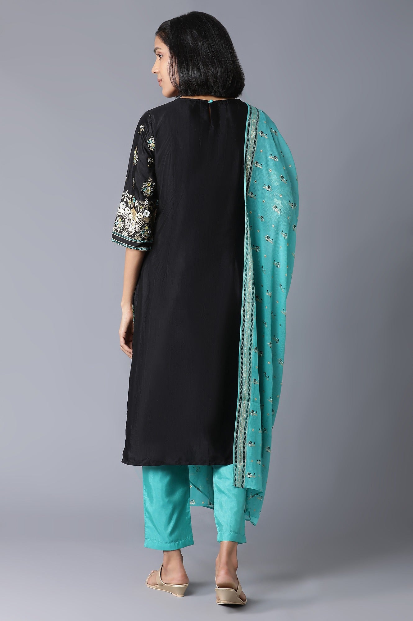 Black Printed kurta-Trousers-Dupatta Set