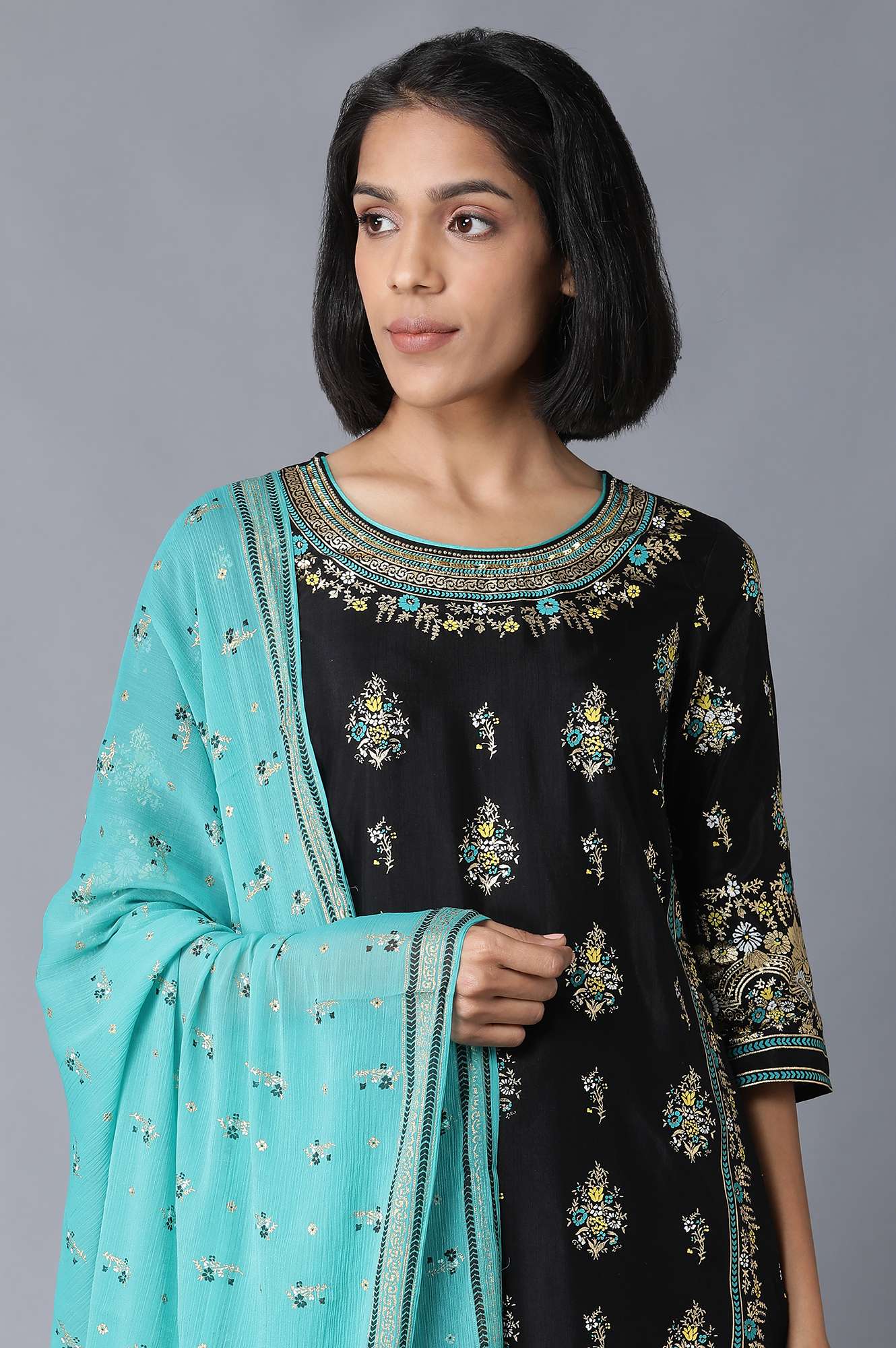 Black Printed kurta-Trousers-Dupatta Set