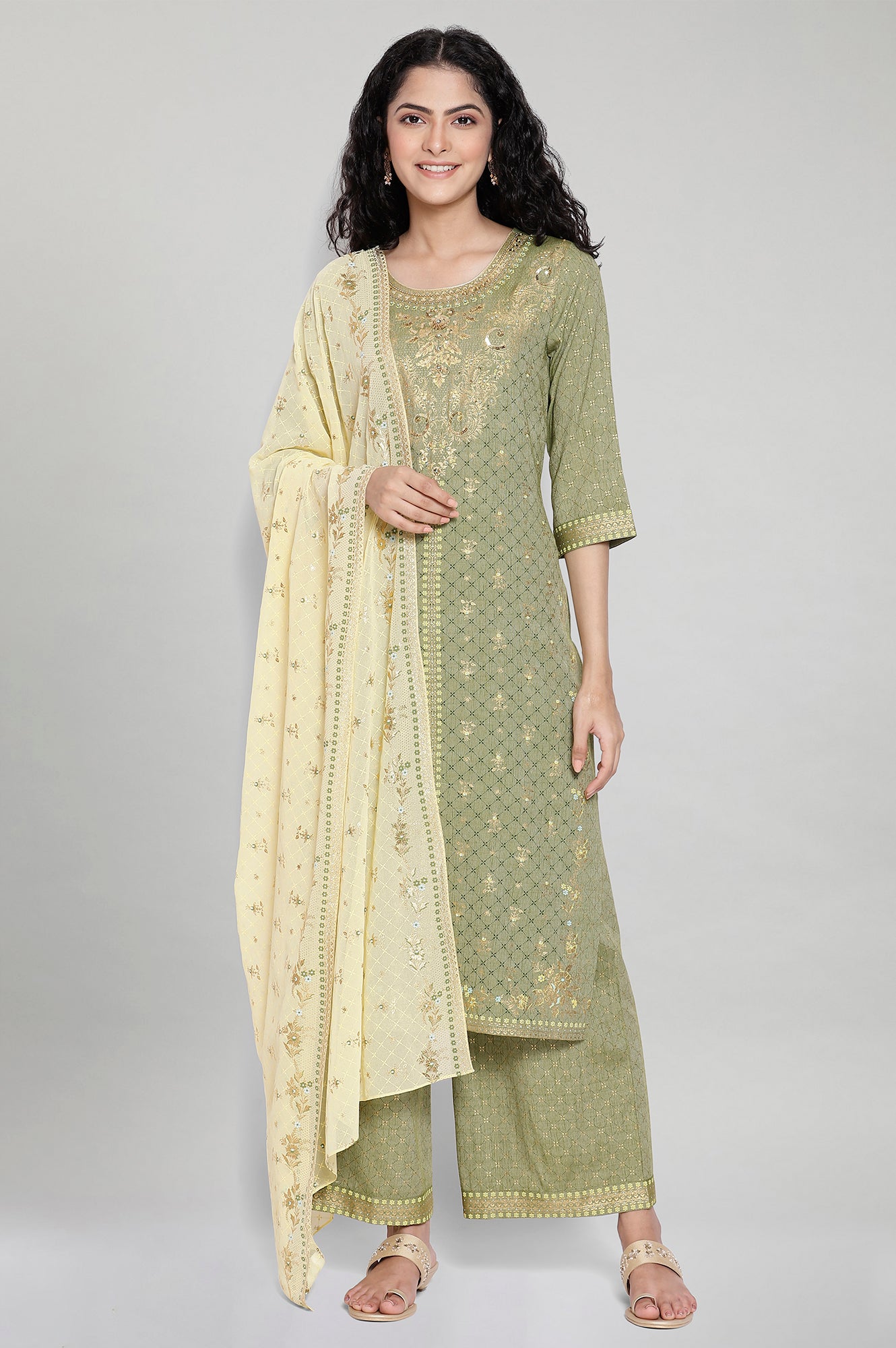 Green Printed kurta-Palazzo Dupatta Set