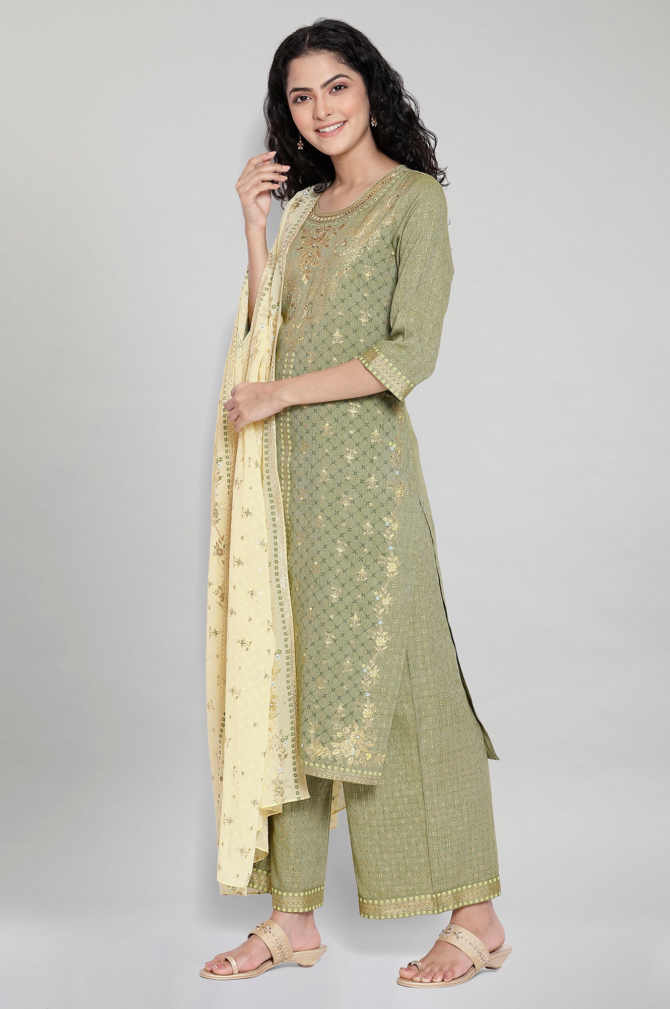 Green Printed kurta-Palazzo Dupatta Set