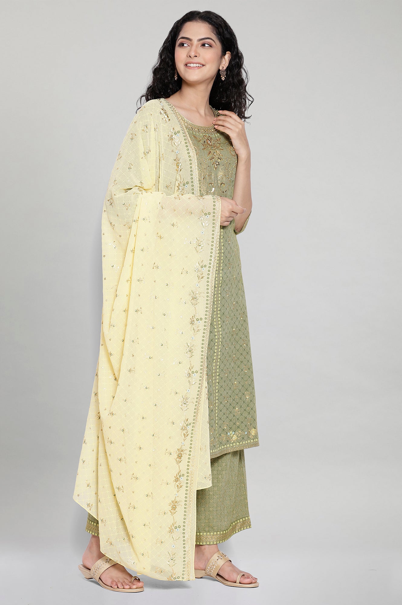 Green Printed kurta-Palazzo Dupatta Set