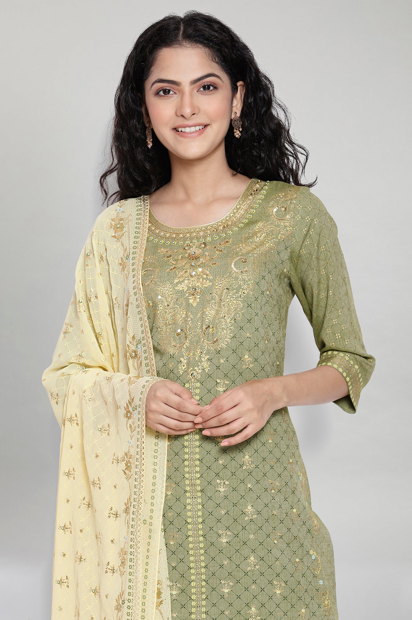 Green Printed kurta-Palazzo Dupatta Set