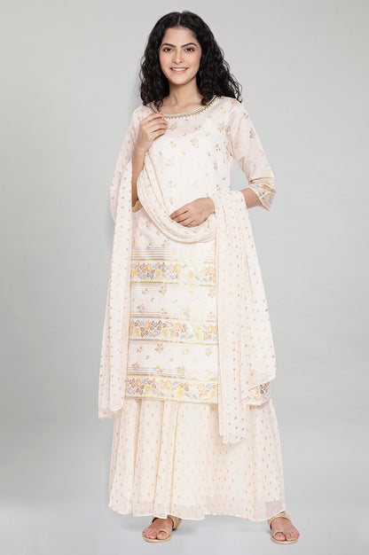 Ivory Printed kurta-Flared -Palazzo Dupatta Set