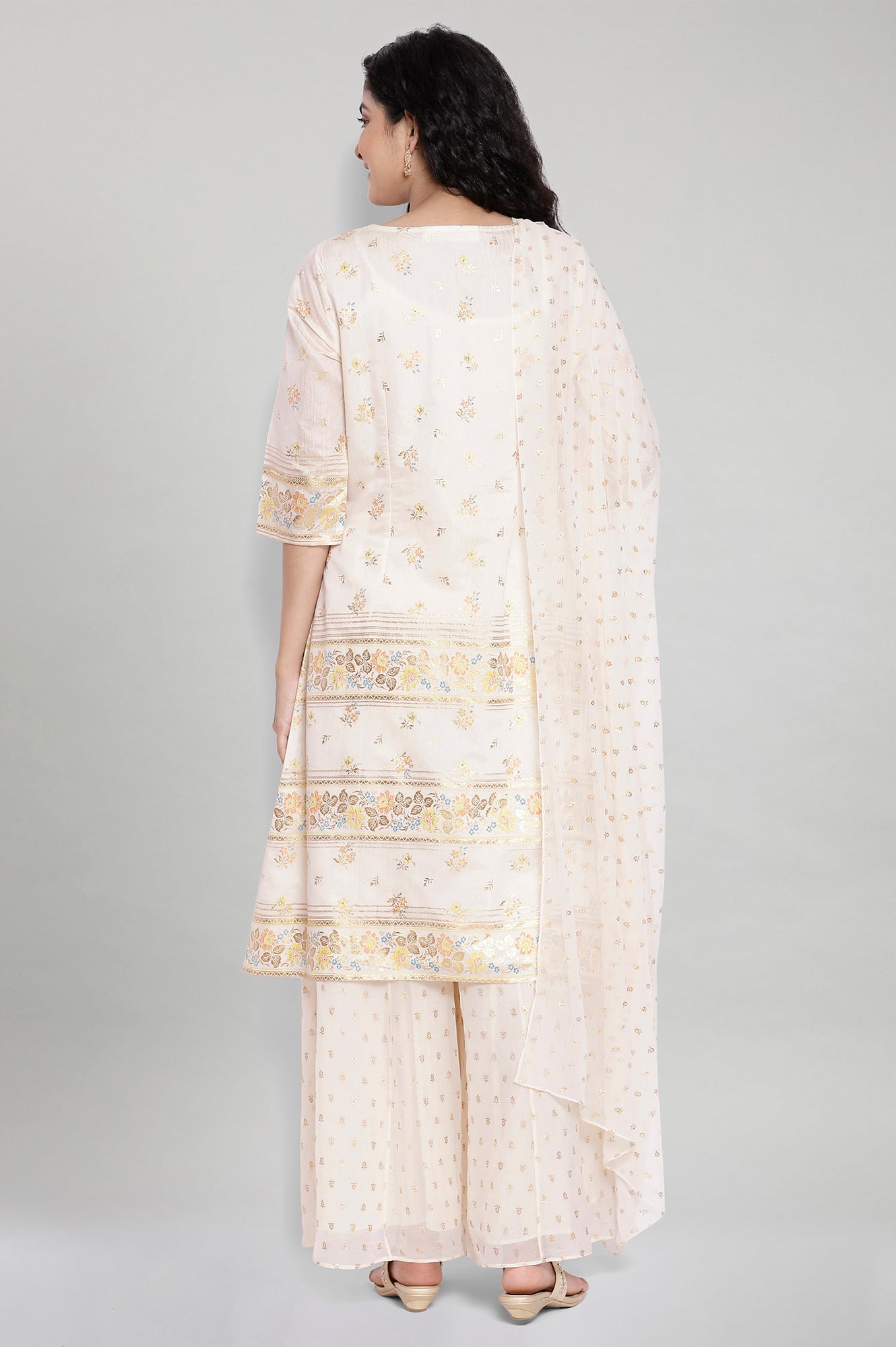 Ivory Printed kurta-Flared -Palazzo Dupatta Set