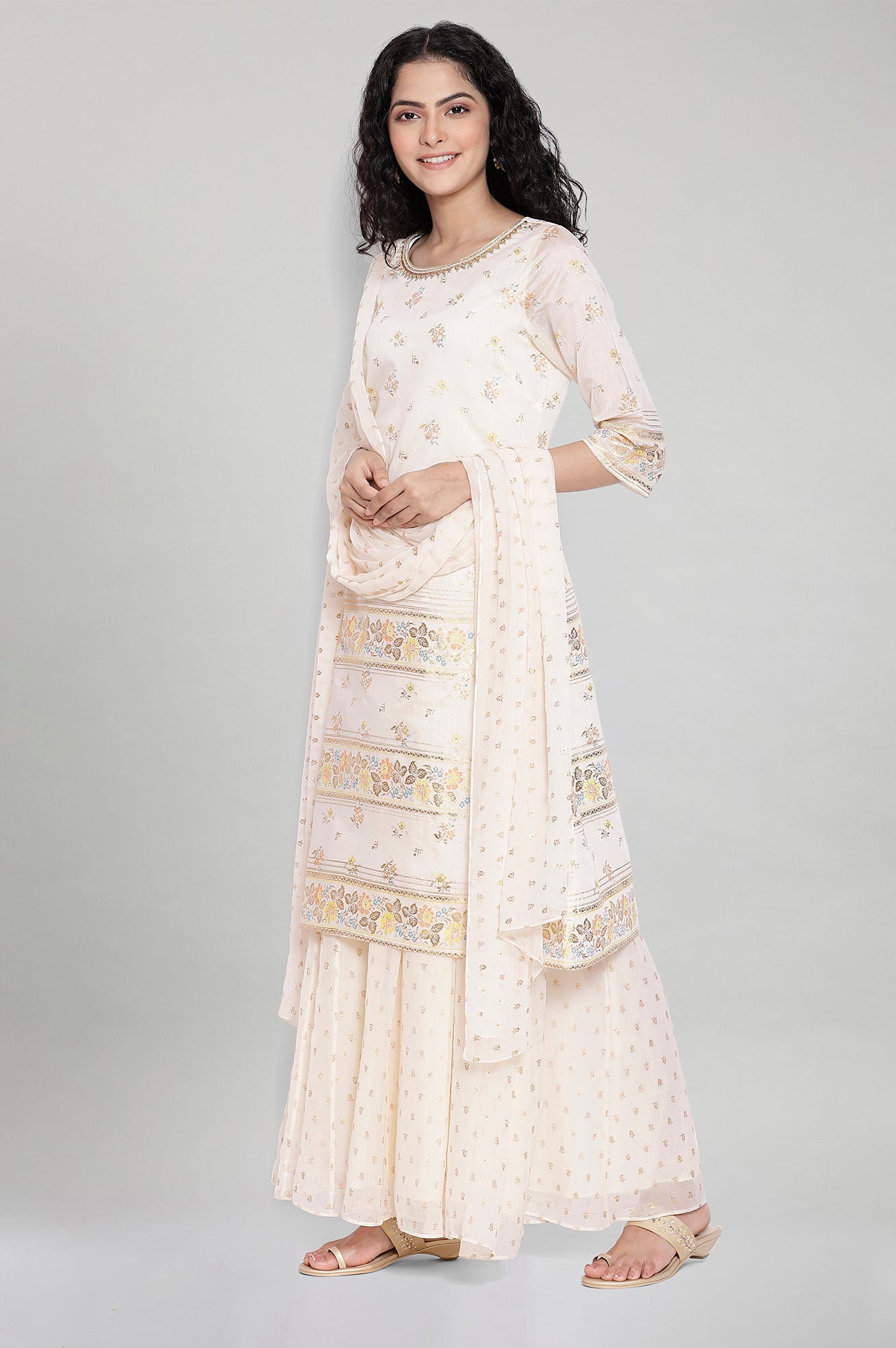 Ivory Printed kurta-Flared -Palazzo Dupatta Set