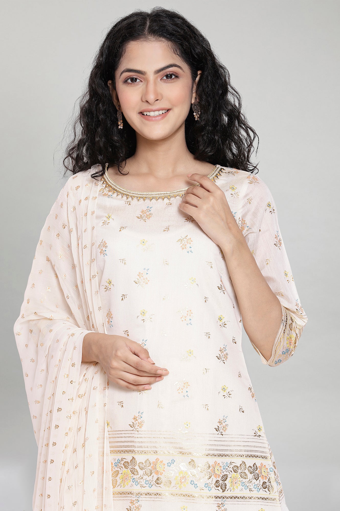 Ivory Printed kurta-Flared -Palazzo Dupatta Set