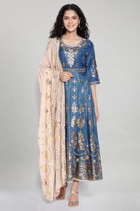 Blue Printed Ethnic Dress-Dupatta Set