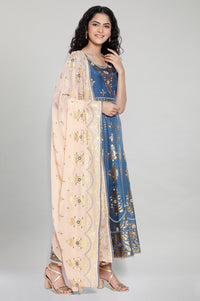 Blue Printed Ethnic Dress-Dupatta Set