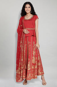 Red Printed Top-Skirt- Dupatta Set