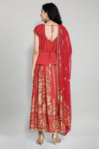 Red Printed Top-Skirt- Dupatta Set
