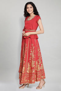 Red Printed Top-Skirt- Dupatta Set