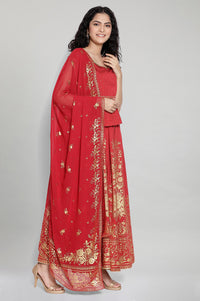 Red Printed Top-Skirt- Dupatta Set