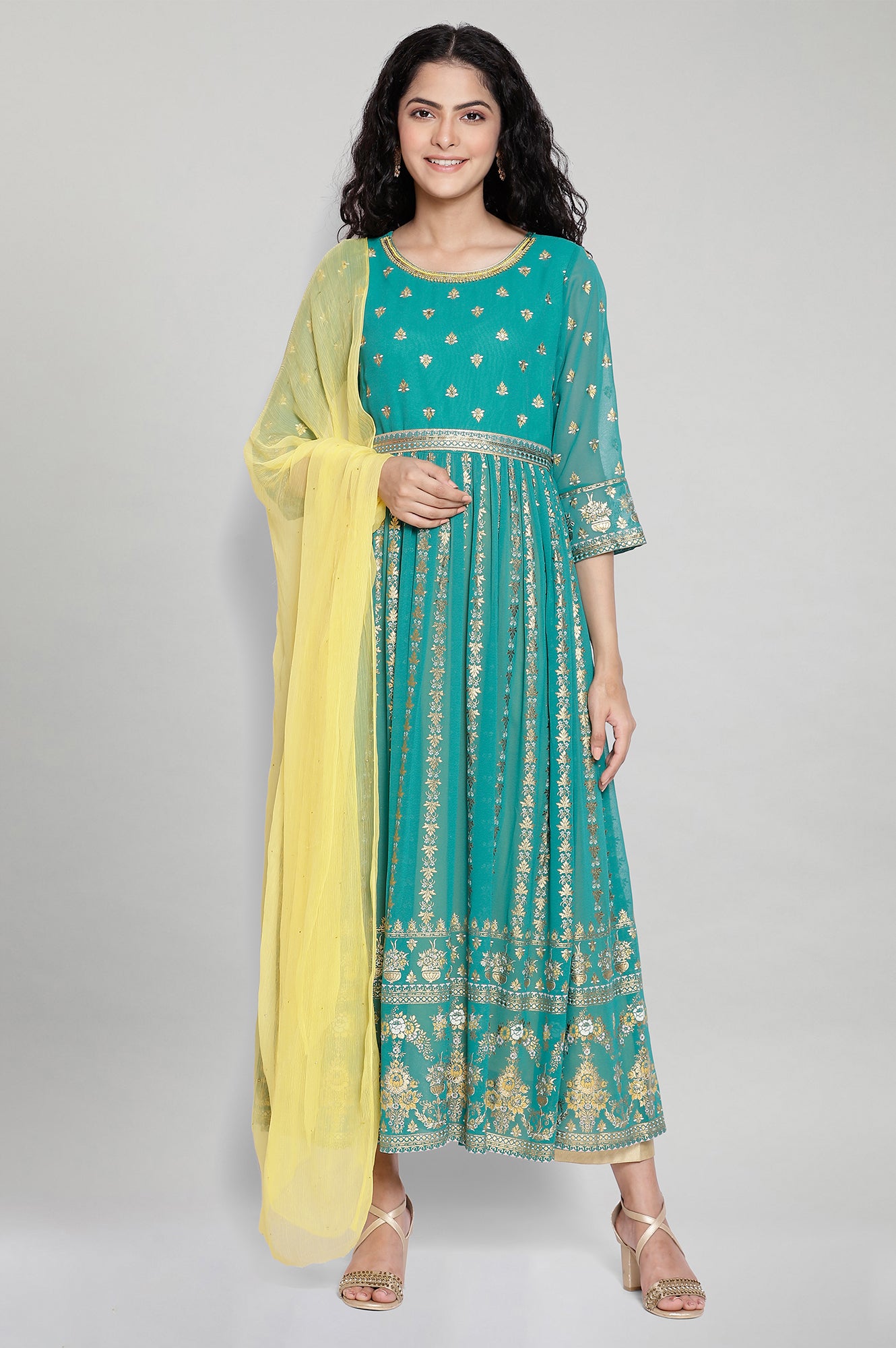 Green Printed Ethnic Dress-Dupatta Set