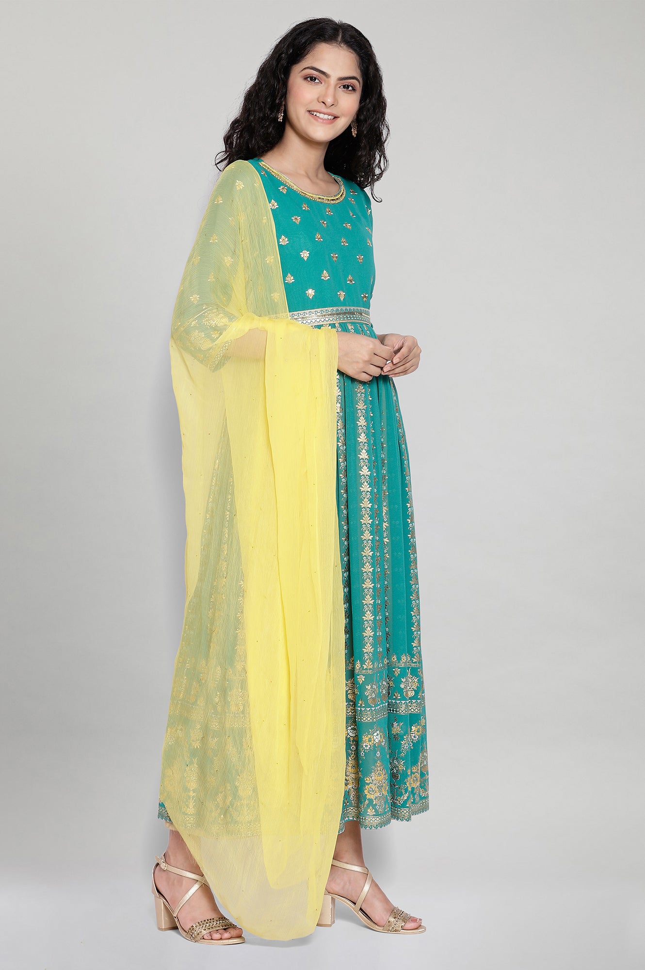 Green Printed Ethnic Dress-Dupatta Set