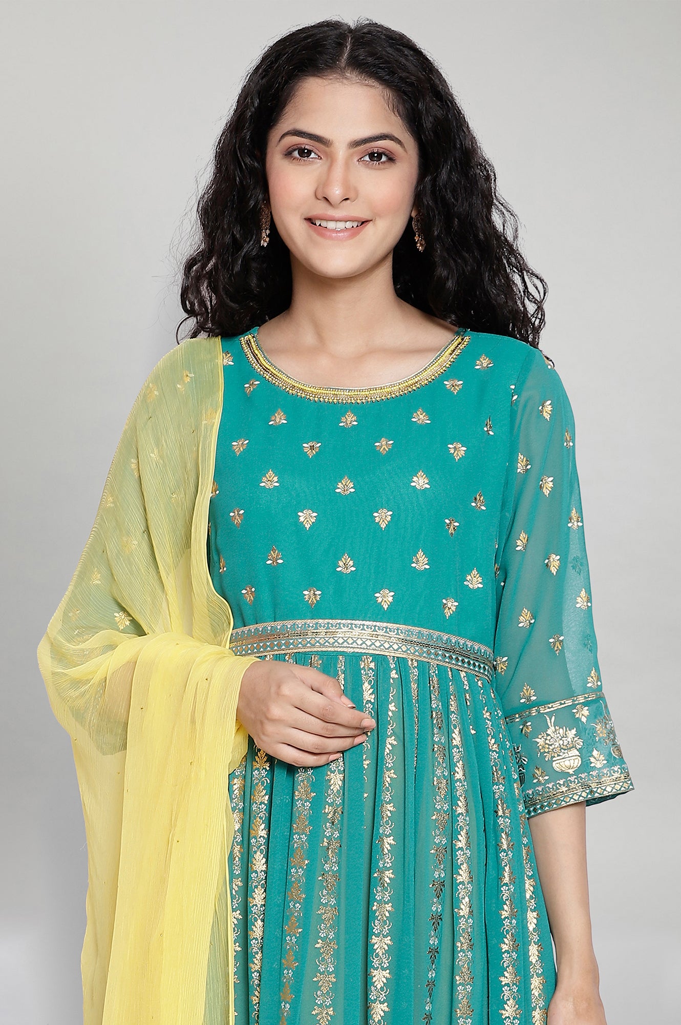 Green Printed Ethnic Dress-Dupatta Set