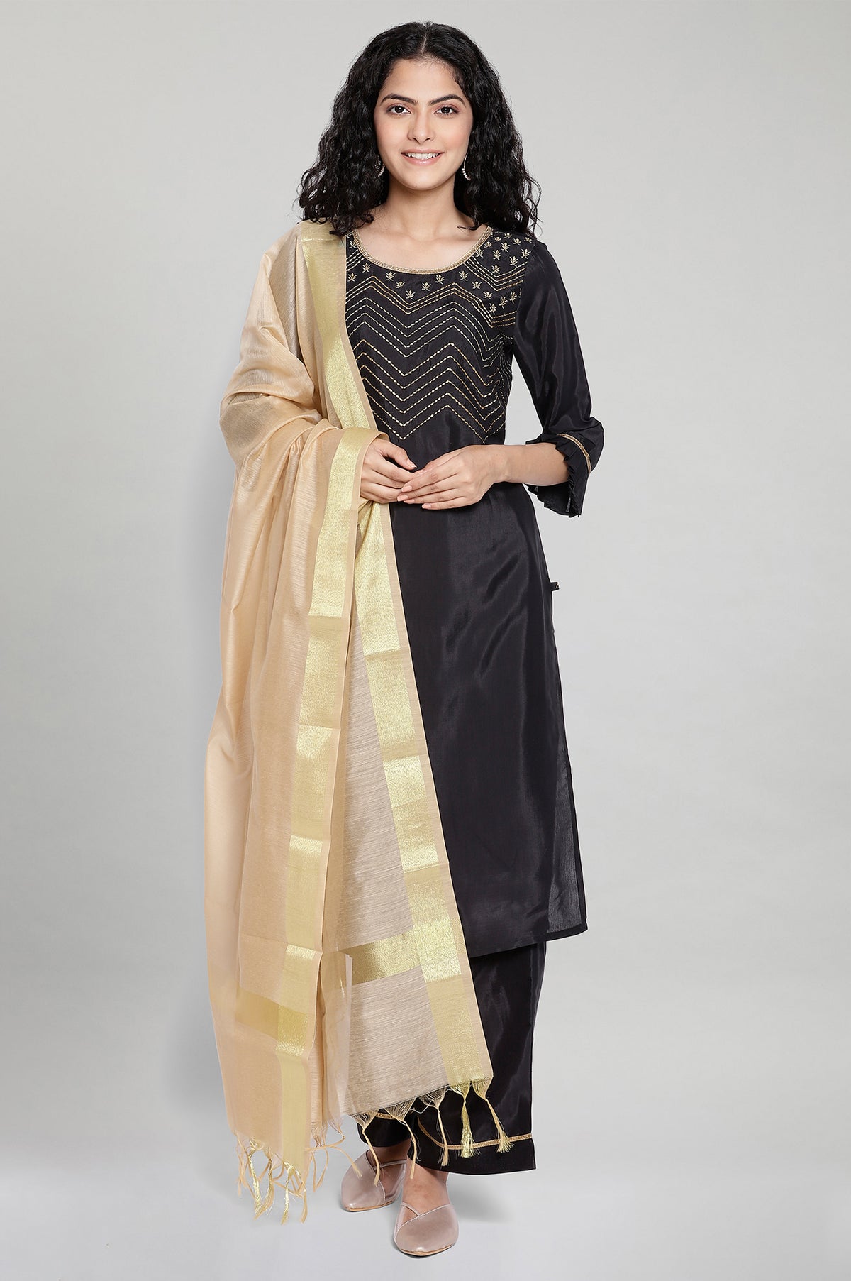 Black Embroidered kurta Palazzos Dupatta Set - XS