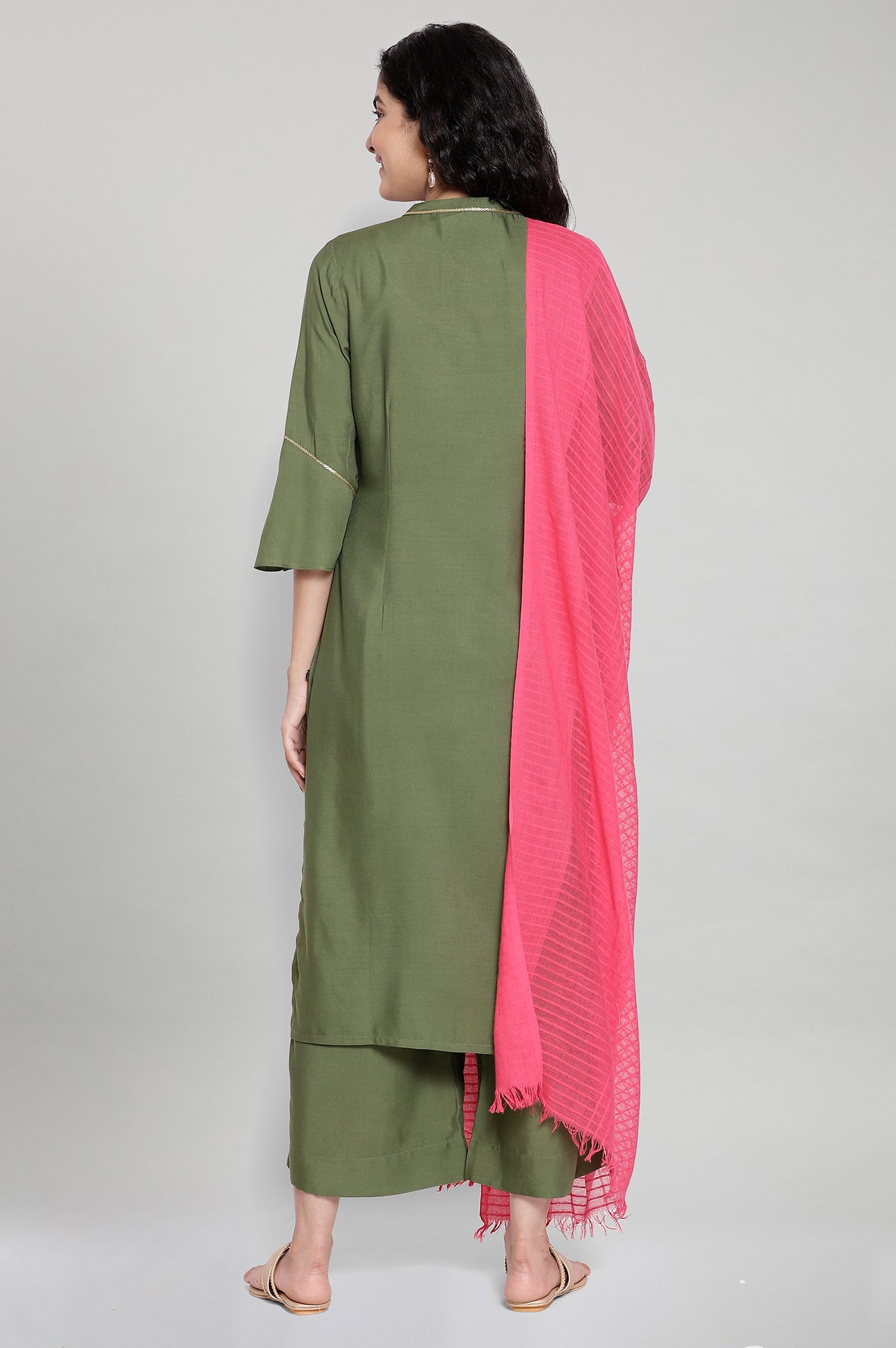 Green Embroidered kurta-Trousers-Pink Dupatta Set