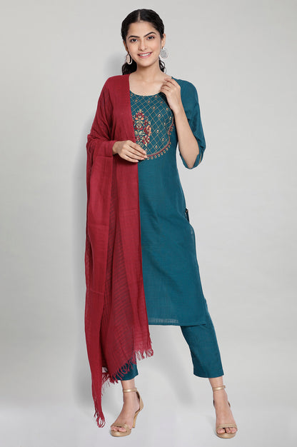 Green Embroidered kurta-Trousers-Brown Dupatta Set