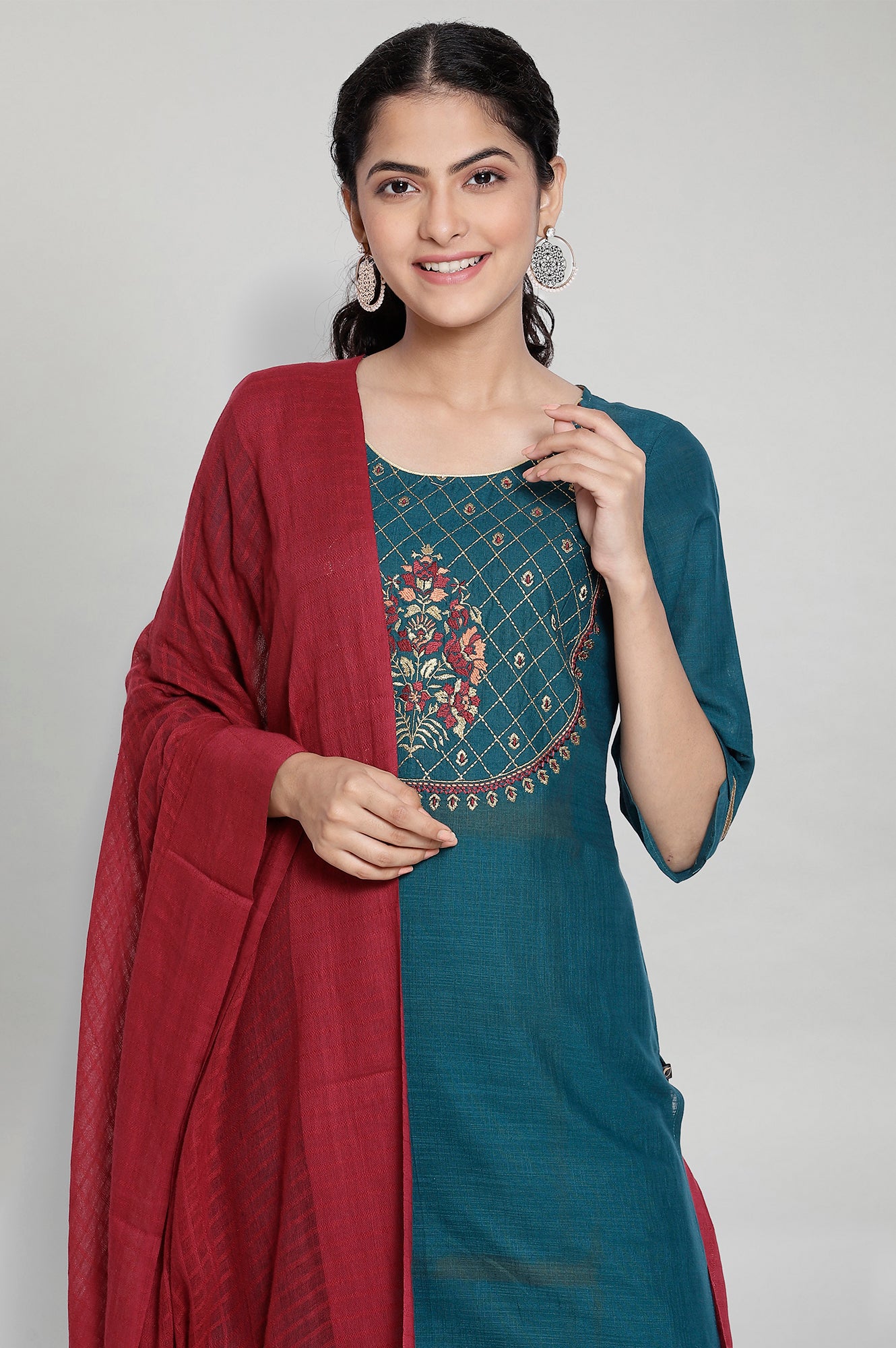 Green Embroidered kurta-Trousers-Brown Dupatta Set