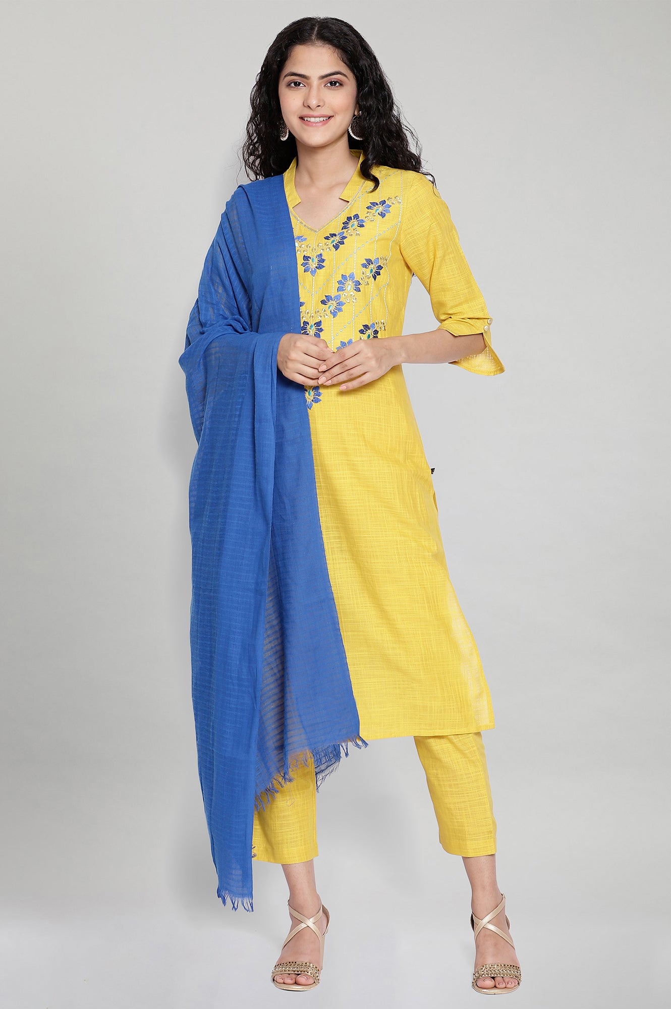 Yellow Embroidered kurta-Trousers-Blue Dupatta Set