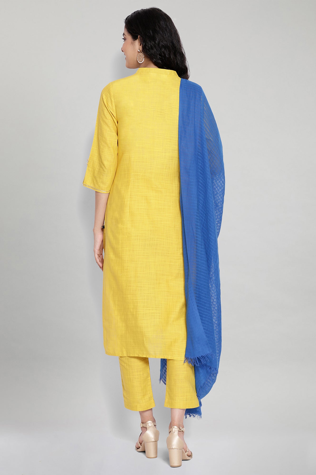 Yellow Embroidered kurta-Trousers-Blue Dupatta Set