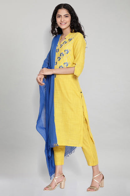 Yellow Embroidered kurta-Trousers-Blue Dupatta Set